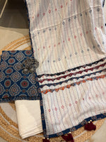 Load image into Gallery viewer, Blue Ajrak Cotton Suit &amp; Applique Mulmul Dupatta

