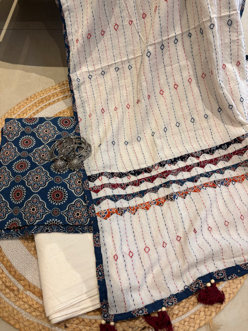 Blue Ajrak Cotton Suit & Applique Mulmul Dupatta