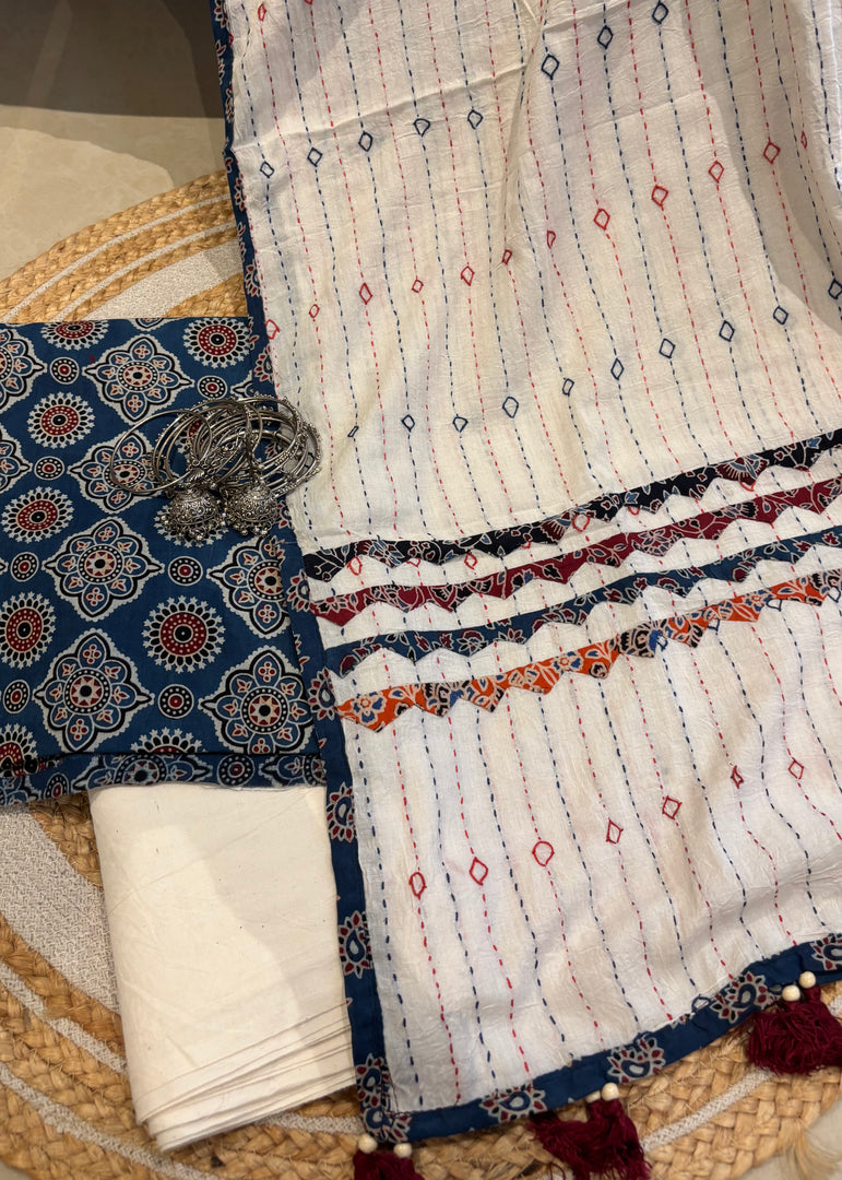 Blue Ajrak Cotton Suit & Applique Dupatta