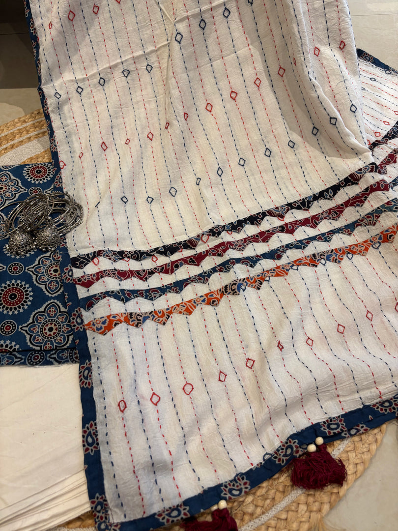 Blue Ajrak Cotton Suit & Applique Mulmul Dupatta