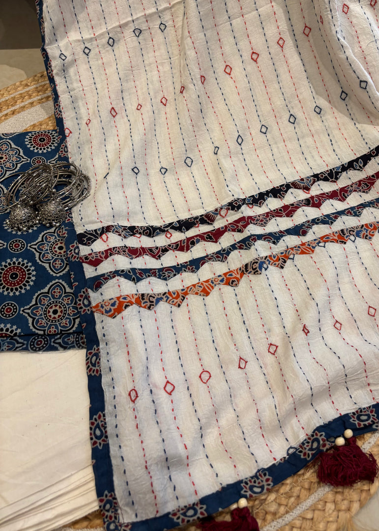 Blue Ajrak Cotton Suit & Applique Dupatta