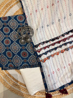 Load image into Gallery viewer, Blue Ajrak Cotton Suit &amp; Applique Mulmul Dupatta
