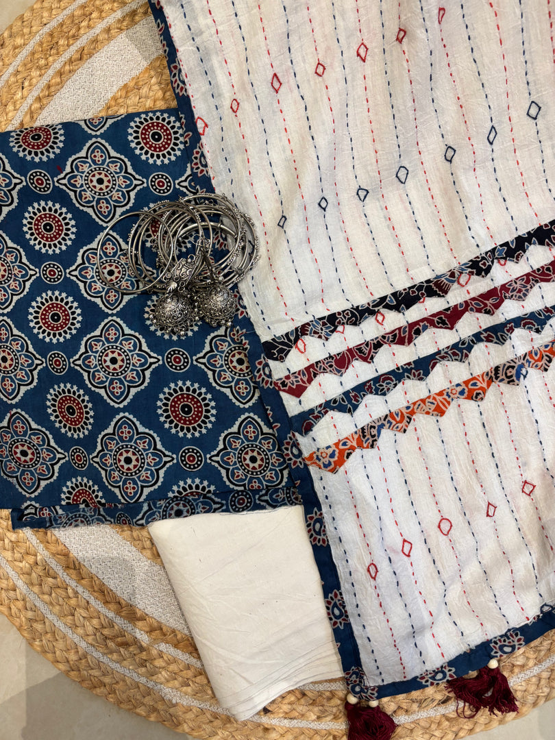 Blue Ajrak Cotton Suit & Applique Mulmul Dupatta