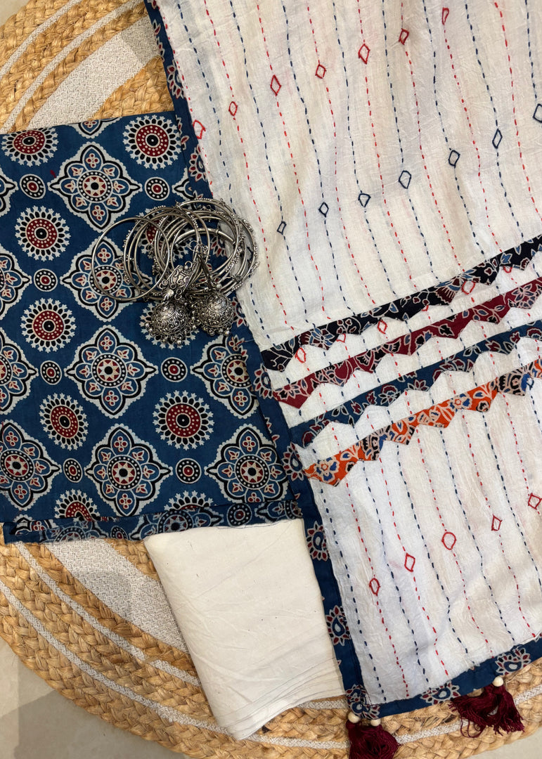 Blue Ajrak Cotton Suit & Applique Dupatta