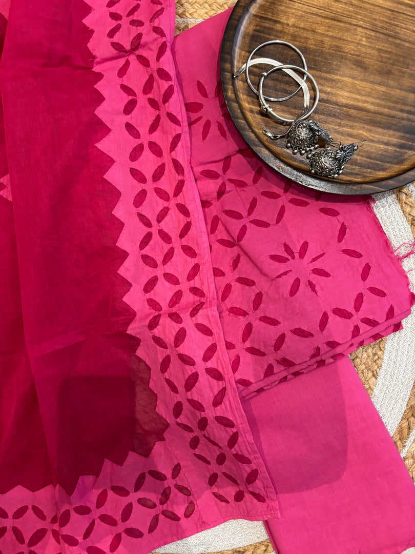 Hot Pink Cotton Applique Suit & Dupatta