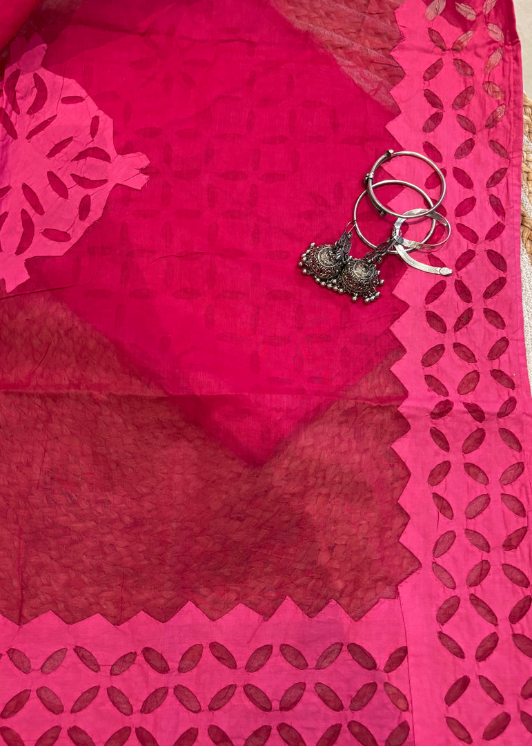 Hot Pink Cotton Applique Suit & Dupatta