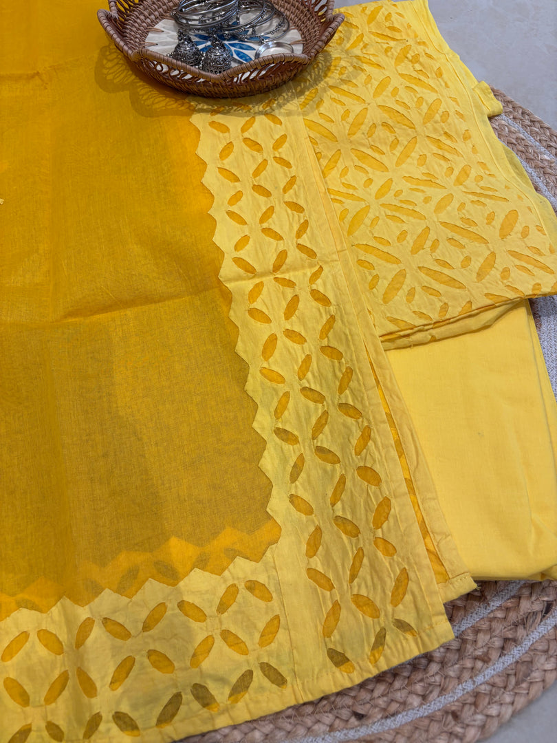 Yellow Cotton Applique Suit & Dupatta