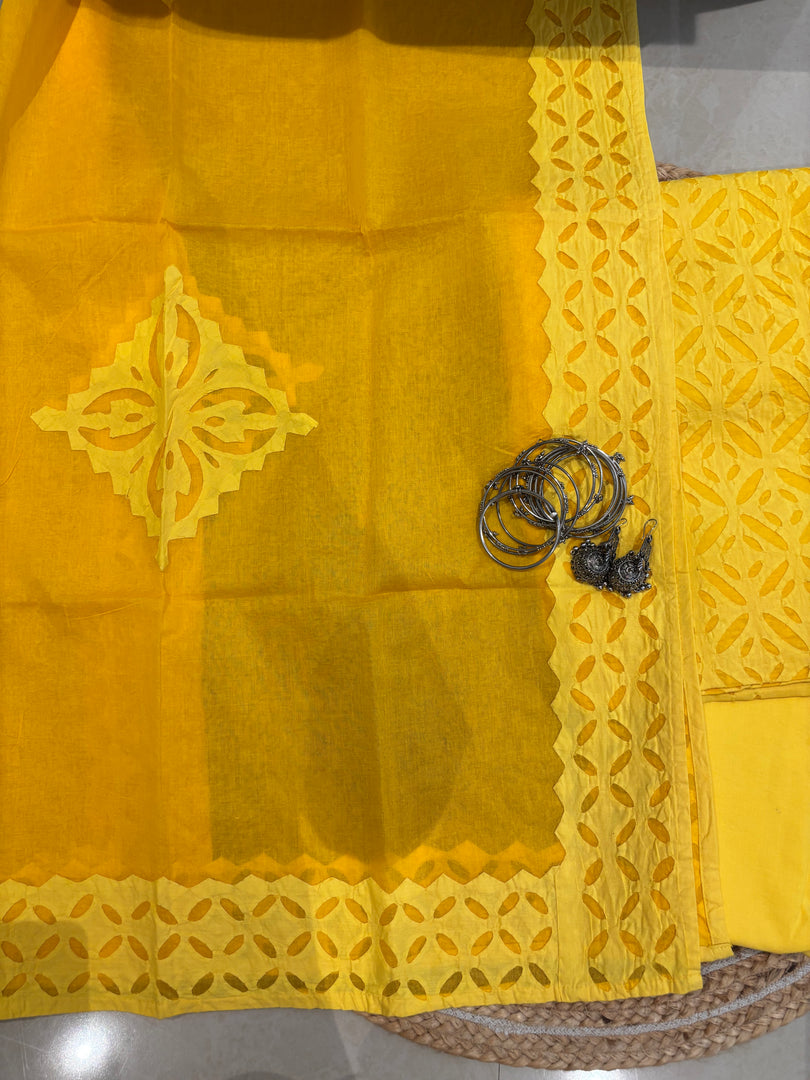 Yellow Cotton Applique Suit & Dupatta