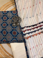 Load image into Gallery viewer, Blue Ajrak Cotton Suit &amp; Applique Mulmul Dupatta
