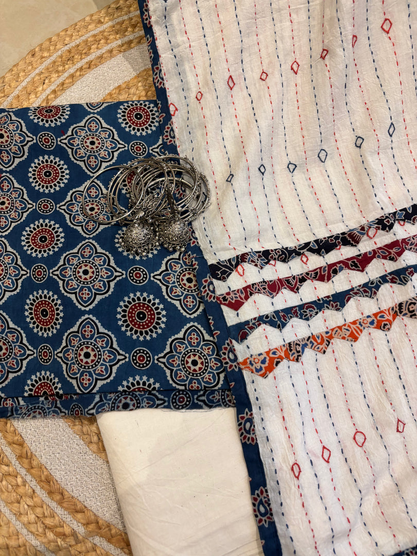 Blue Ajrak Cotton Suit & Applique Mulmul Dupatta