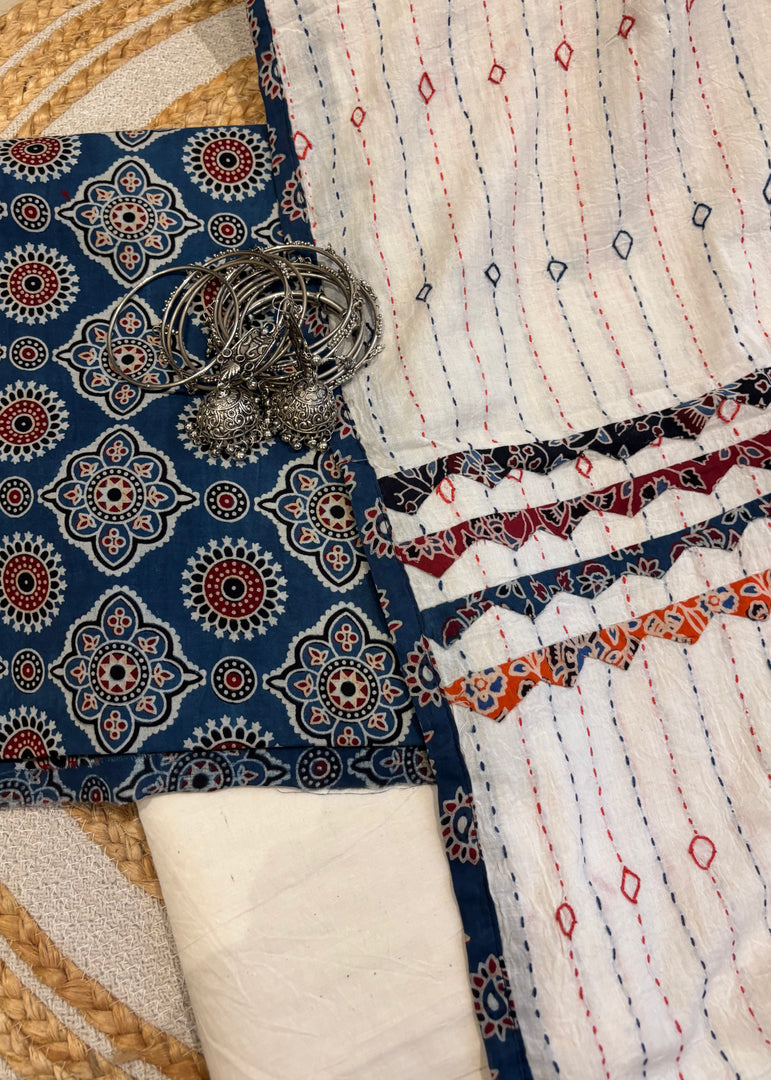 Blue Ajrak Cotton Suit & Applique Dupatta