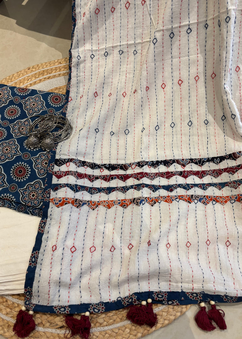 Blue Ajrak Cotton Suit & Applique Dupatta
