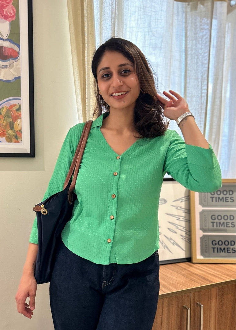 Grass Green Rayon-Dobby Shirt with Wooden Buttons
