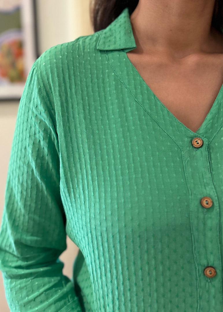 Grass Green Rayon-Dobby Shirt with Wooden Buttons