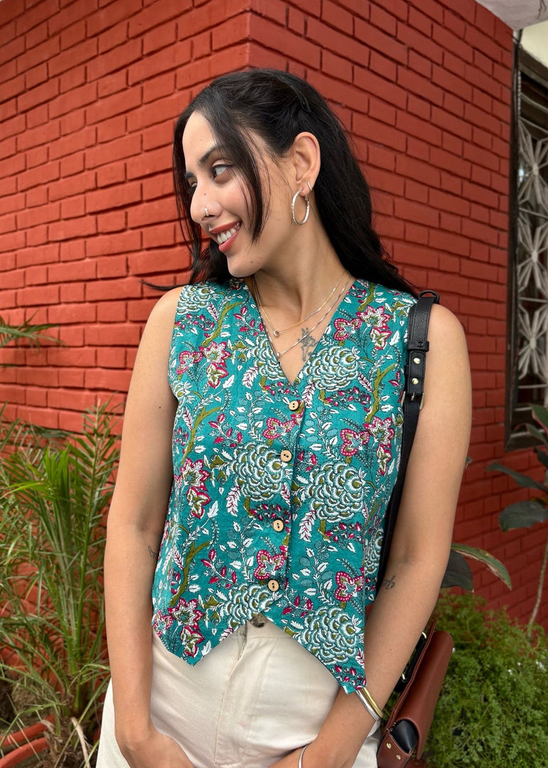 Blue Floral - Print Cotton Waist Coat