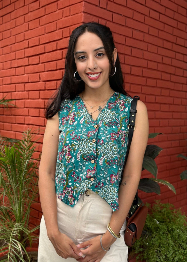 White Cotton Waistcoat with Purple Floral Print