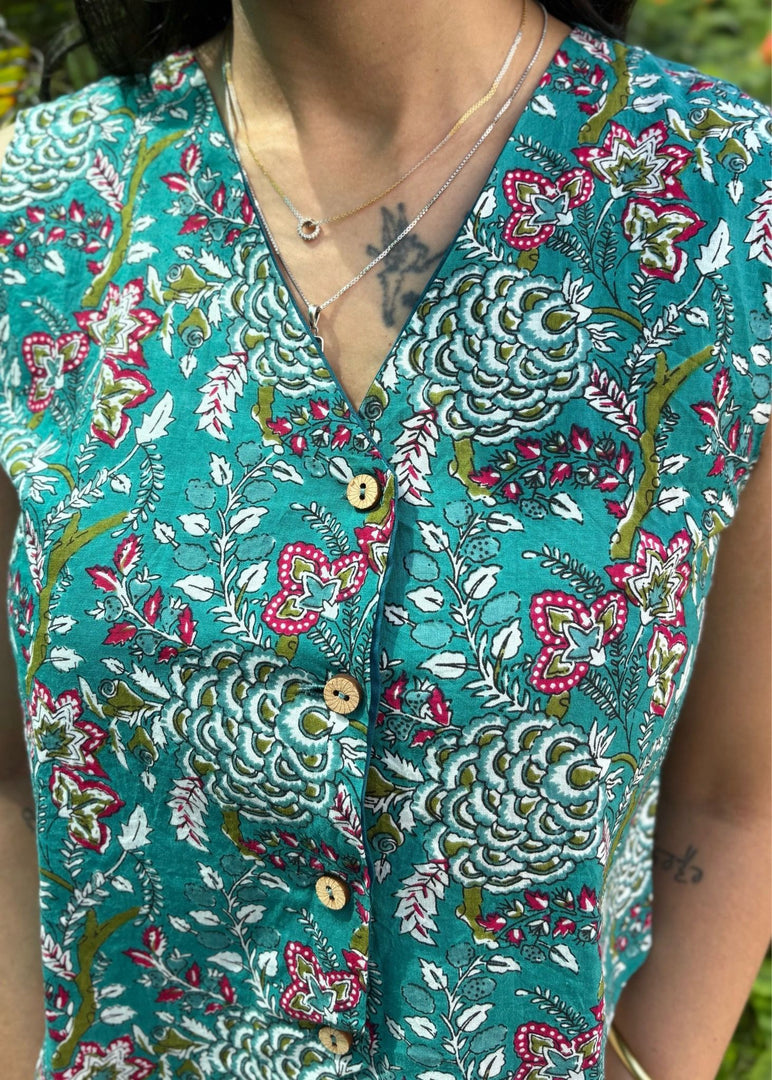 White Cotton Waistcoat with Purple Floral Print
