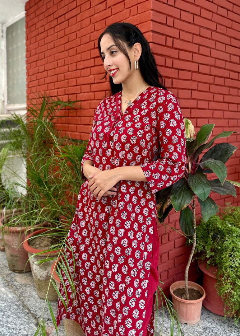 Maroon Ajrak Cotton Suit with Mirror Work Dupatta