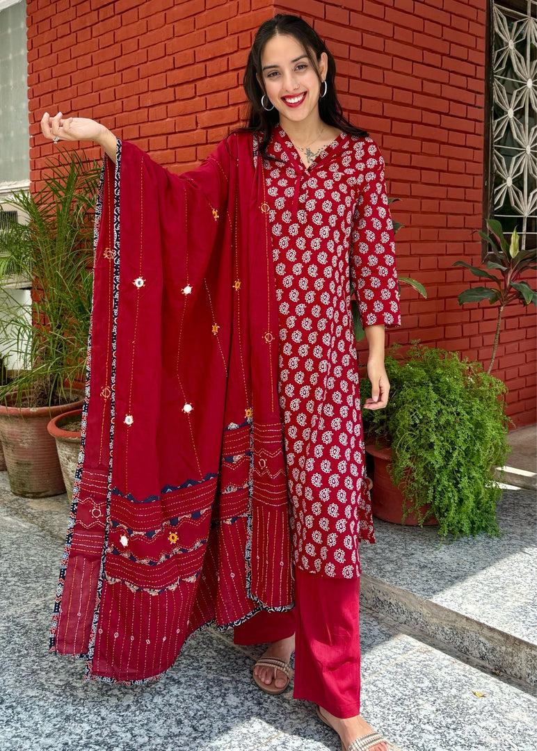 Maroon Ajrak Cotton Suit with Blue Mirror Work Mul Dupatta