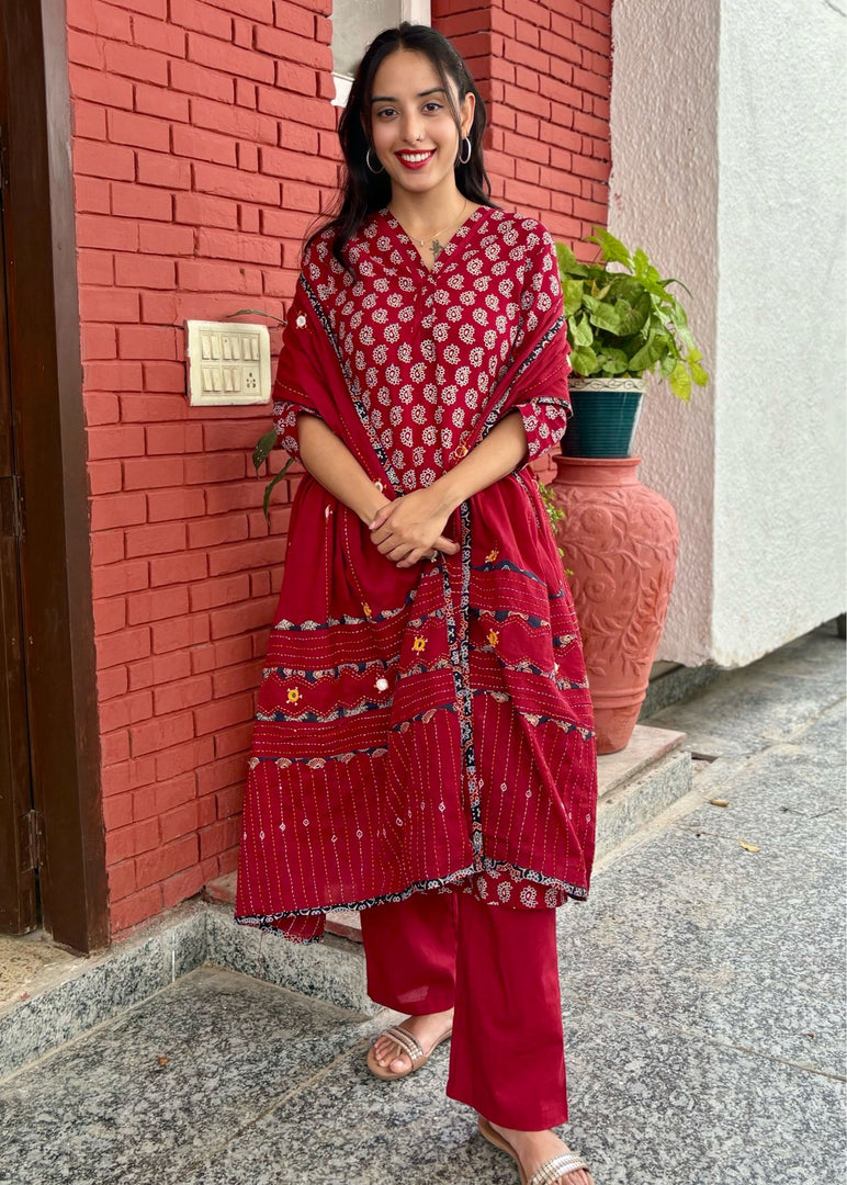 Maroon Ajrak Cotton Suit with Mirror Work Dupatta