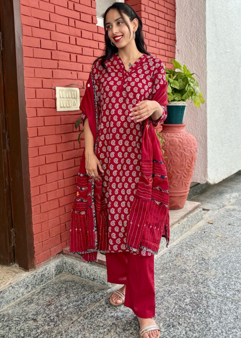 Maroon Ajrak Cotton Suit with Mirror Work Dupatta