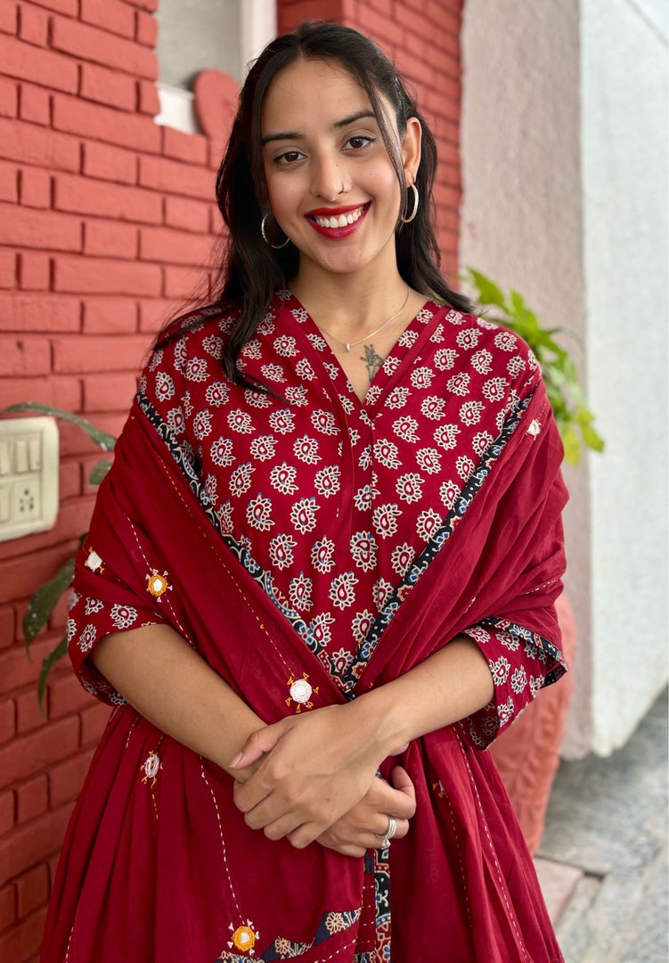 Yellow Ajrak Cotton Suit & Mirror Work Dupatta