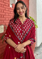 Load image into Gallery viewer, Maroon Ajrak Cotton Suit with Mirror Work Dupatta
