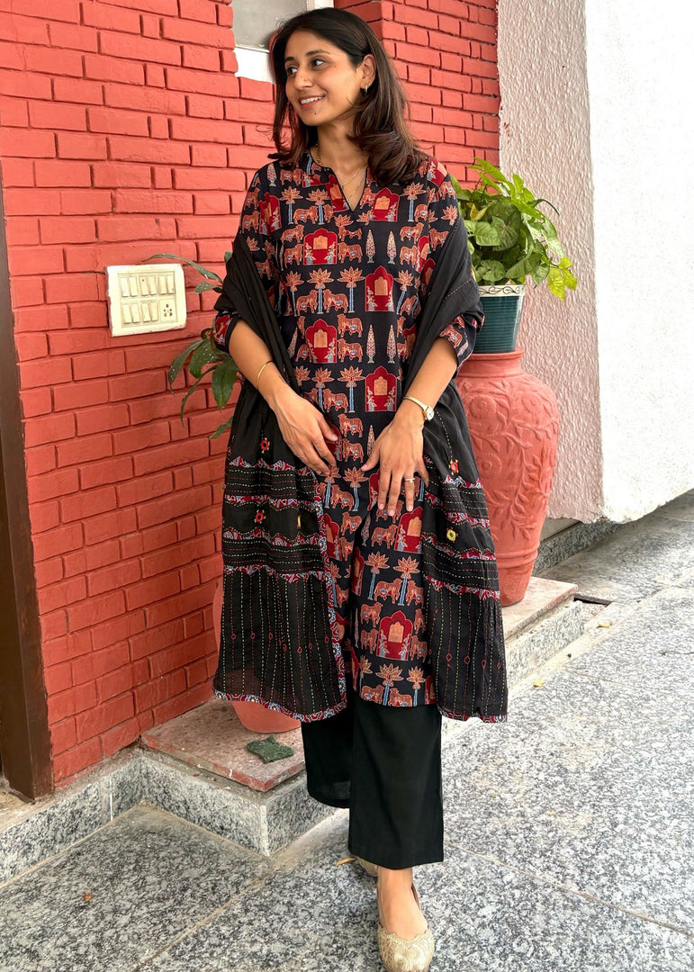 Yellow Ajrak Cotton Suit & Mirror Work Dupatta