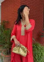 Load image into Gallery viewer, Coral Rayon High-Low Set with Lace and Pants
