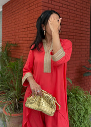 Coral Rayon High-Low Set with Lace and Pants