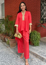Load image into Gallery viewer, Coral Rayon High-Low Set with Lace and Pants
