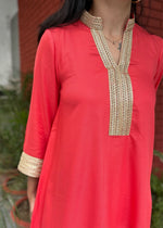 Load image into Gallery viewer, Coral Rayon High-Low Set with Lace and Pants
