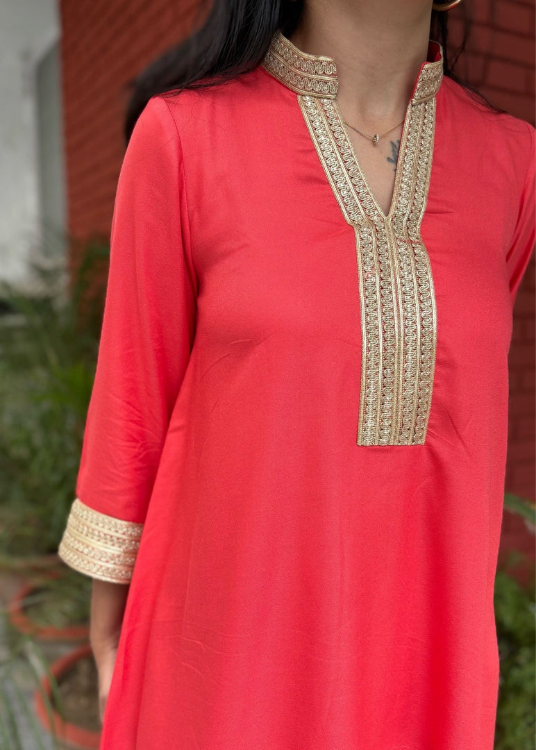 Coral Rayon High-Low Set with Lace and Pants
