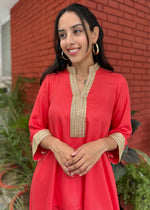 Load image into Gallery viewer, Coral Rayon High-Low Set with Lace and Pants
