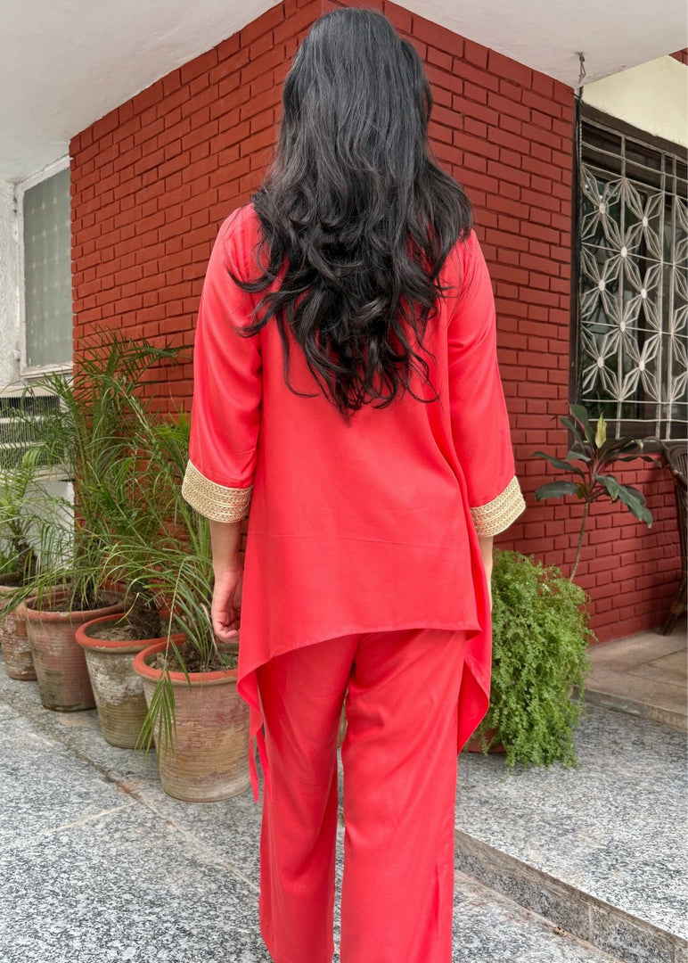 Coral Rayon High-Low Set with Lace and Pants