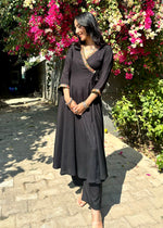 Load image into Gallery viewer, Black Rayon Angrakha Coord Set

