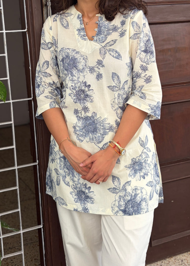 Cream Floral Print Cotton Kurta with Salwar