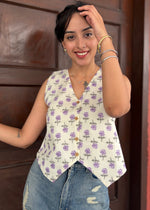 Load image into Gallery viewer, Blue Floral - Print Cotton Waist Coat
