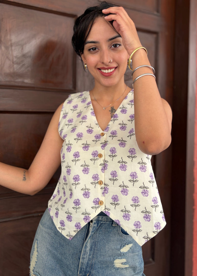 Blue Floral - Print Cotton Waist Coat