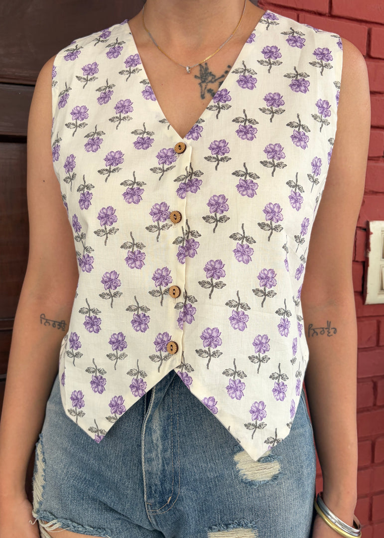 White Cotton Waistcoat with Purple Floral Print