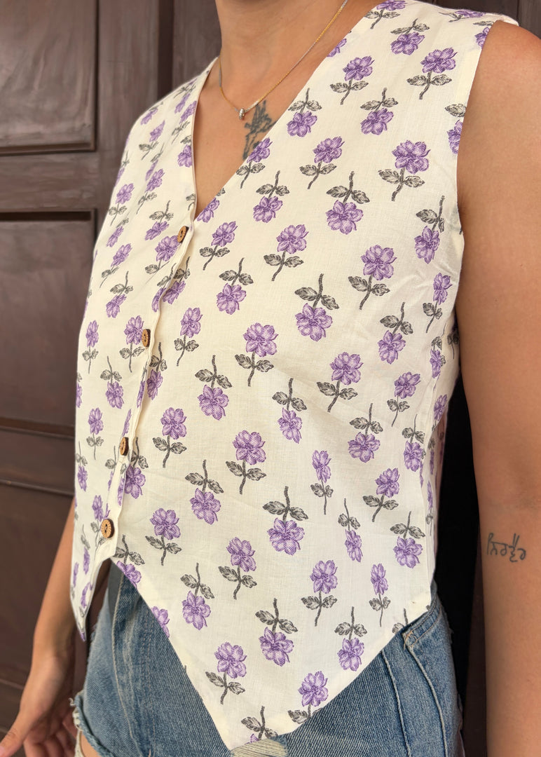 White Cotton Waistcoat with Purple Floral Print