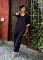 Load image into Gallery viewer, Navy Blye Rayon High-Low Festive Co-ord
