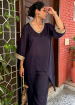 Load image into Gallery viewer, Navy Blye Rayon High-Low Festive Co-ord

