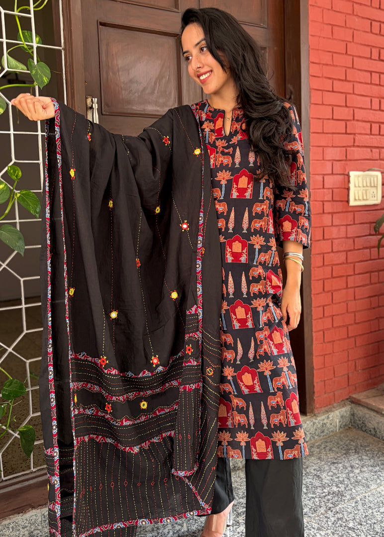 Black Cotton Suit with Mirror Work Dupatta