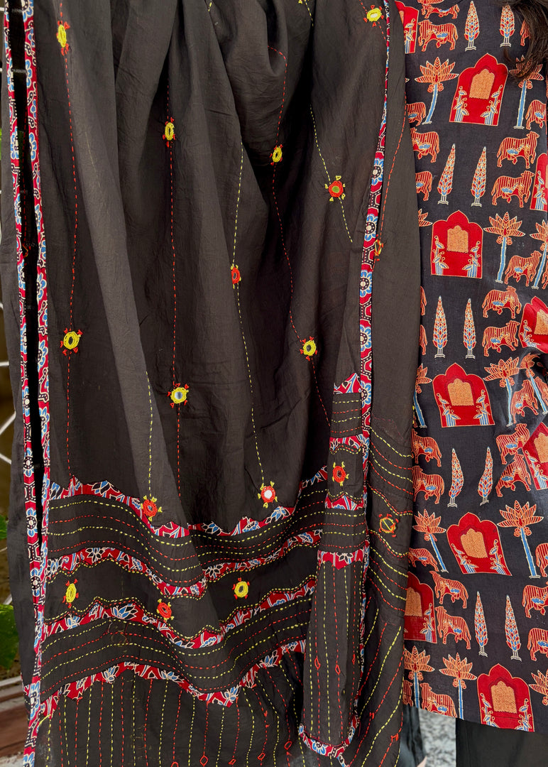 Black Cotton Suit with Mirror Work Dupatta