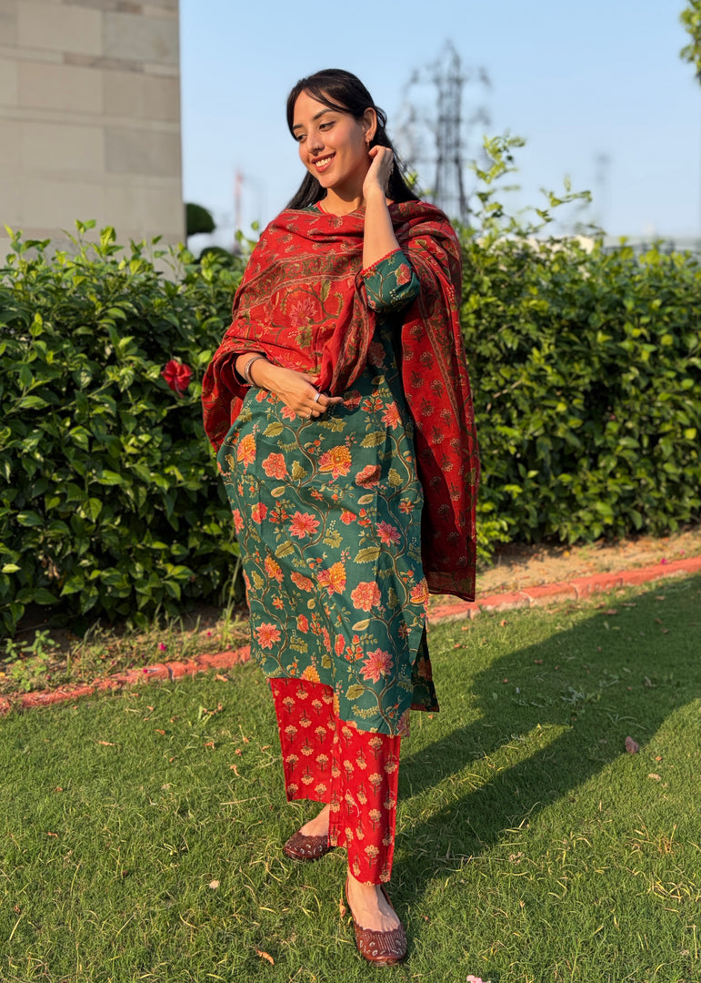 Green Floral Cotton Kurta with Red Pants & Dupatta