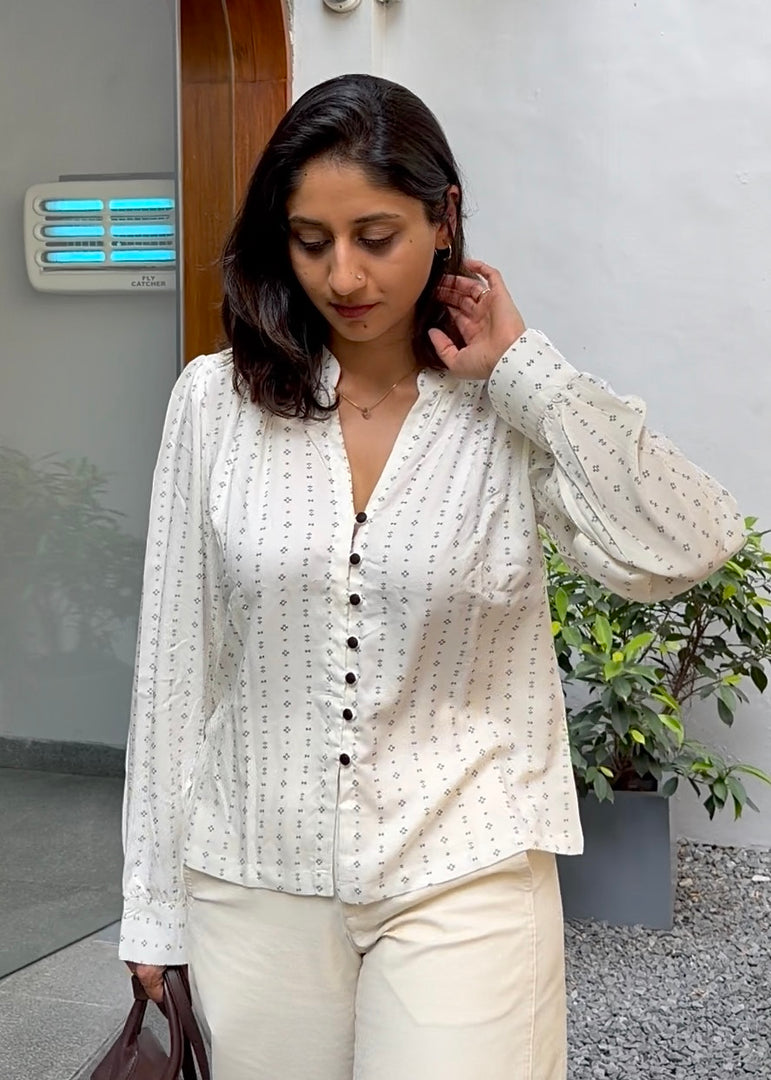 White Rayon Top with Mutton Sleeves