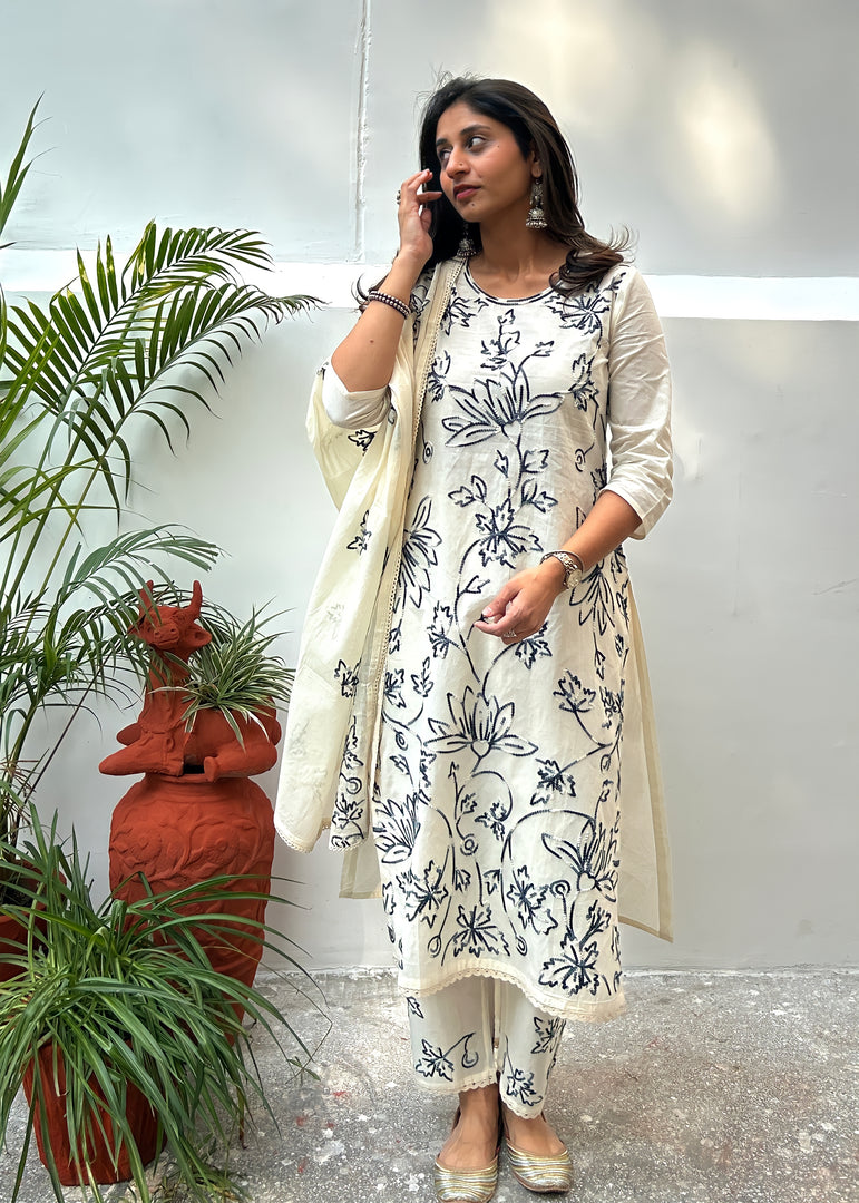 White Cotton Suit with Embroidery & Dupatta
