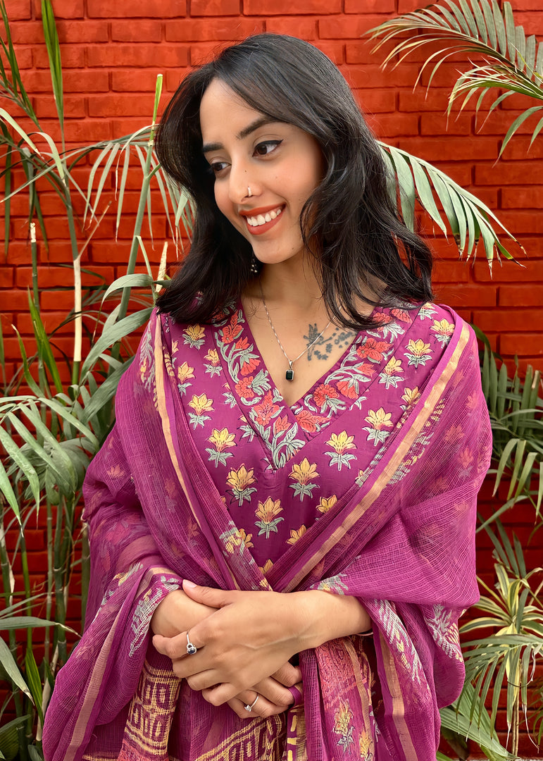Purple Cotton Block Print Suit & Kota Doria Dupatta