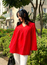 Load image into Gallery viewer, Red Cotton Shiffli A-Line Empire Top
